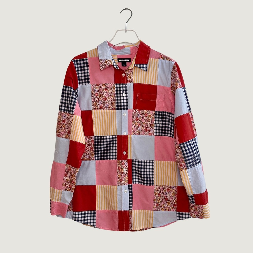 Lands End Womens Patchwork Cotton Button Down Shirt Red Pink Blue Floral L 14-16